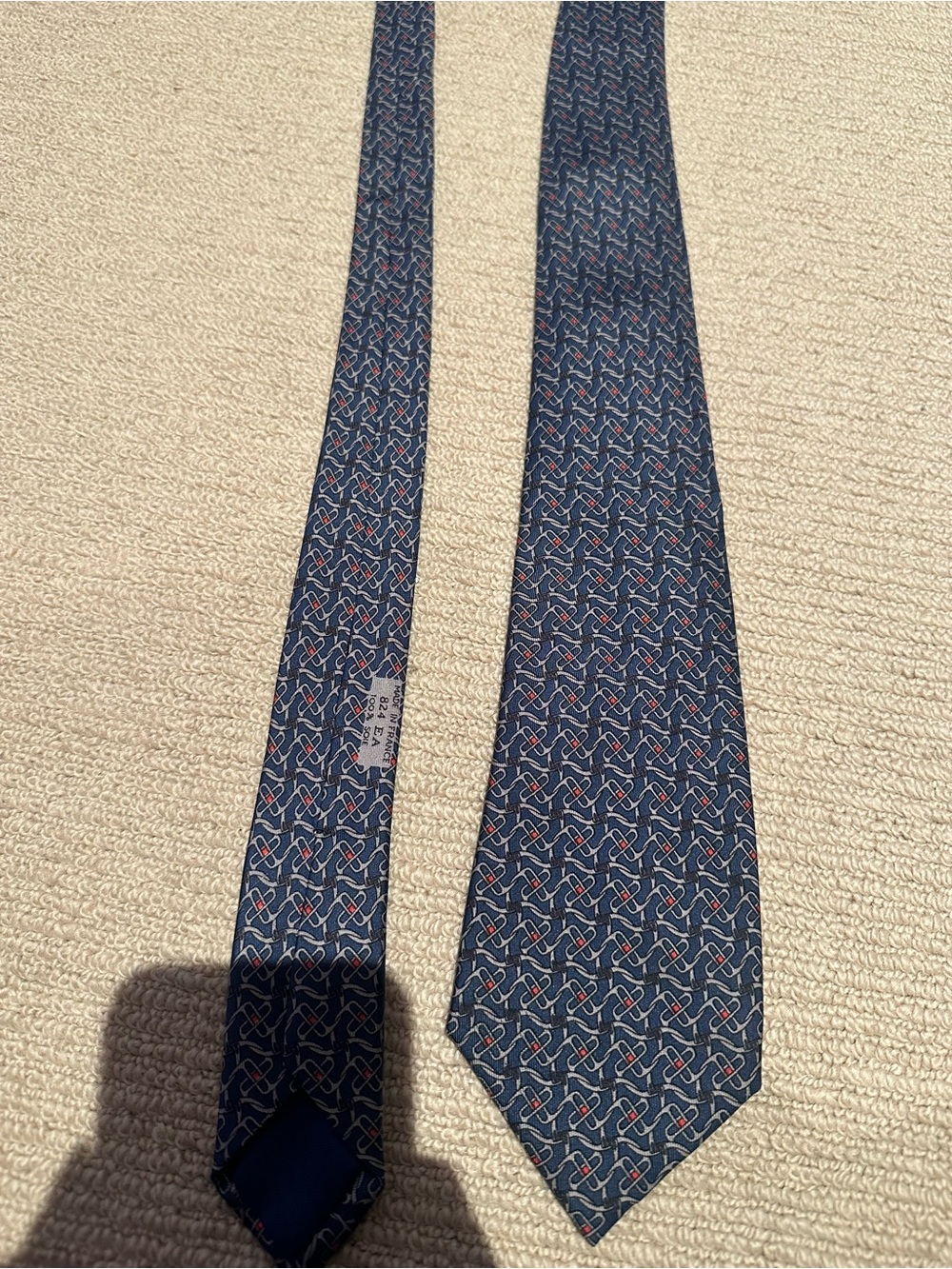 Silk Navy Patterned Tie with Red & White Accents Hermes’